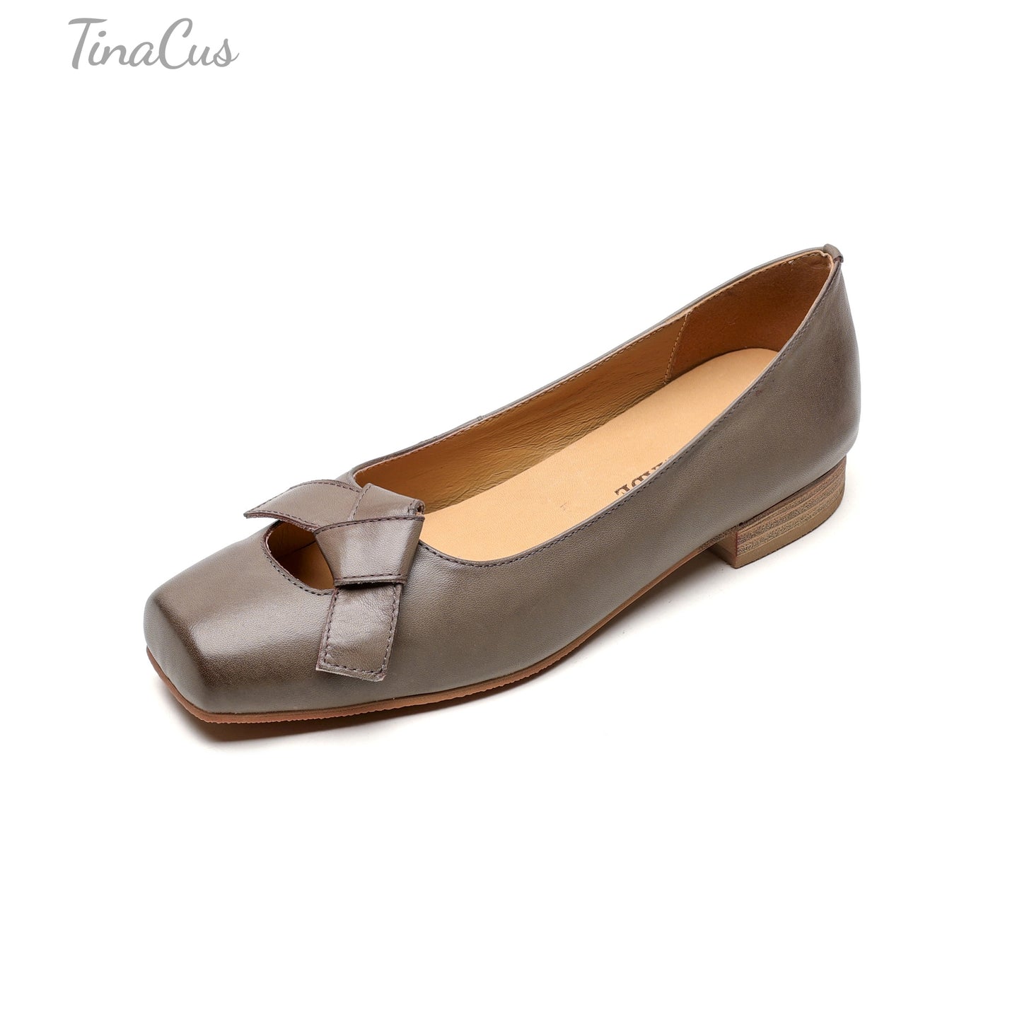 TinaCus Women's Square Toe Genuine Leather Handmade Knot Slip on Comfortable Flat Shoes