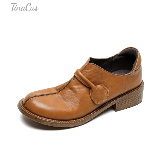 TinaCus Women's Round Toe Soft Genuine Leather Handmade Low Chunky Heels Casual Loafers Shoes