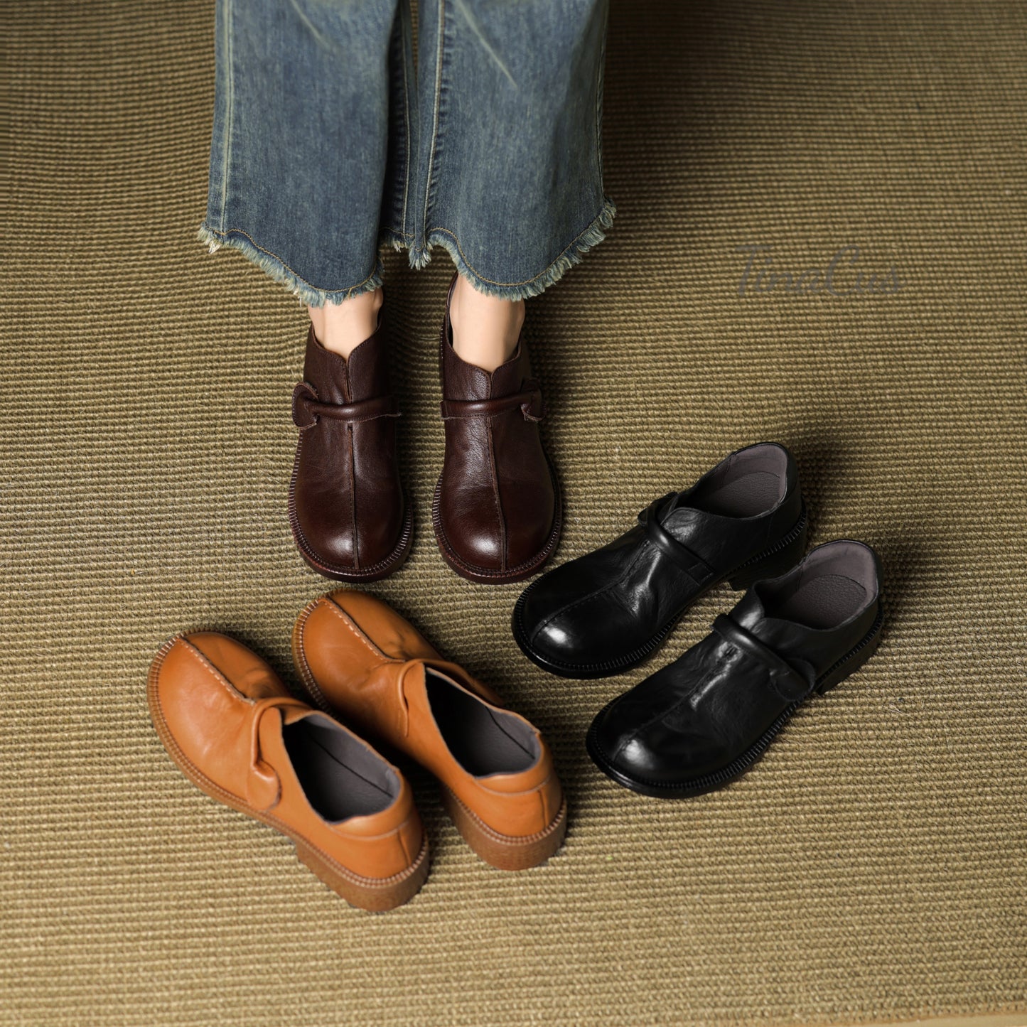 TinaCus Women's Round Toe Soft Genuine Leather Handmade Low Chunky Heels Casual Loafers Shoes