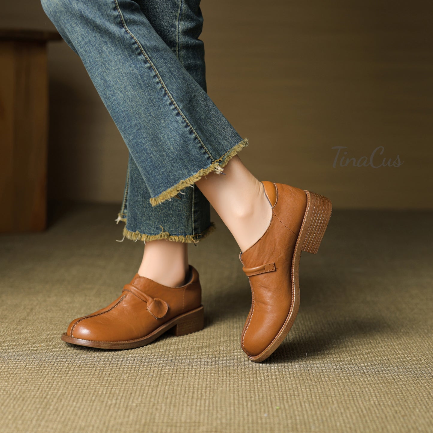 TinaCus Women's Round Toe Soft Genuine Leather Handmade Low Chunky Heels Casual Loafers Shoes