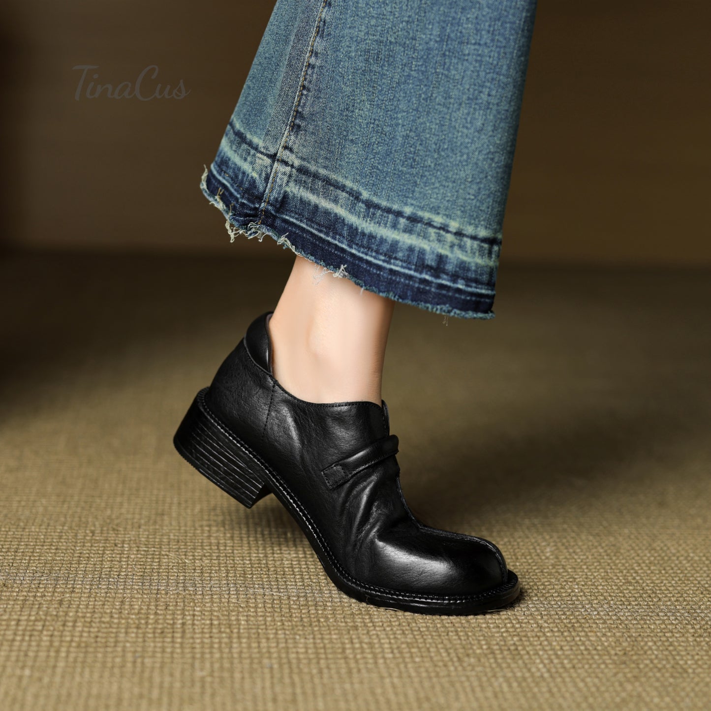 TinaCus Women's Round Toe Soft Genuine Leather Handmade Low Chunky Heels Casual Loafers Shoes