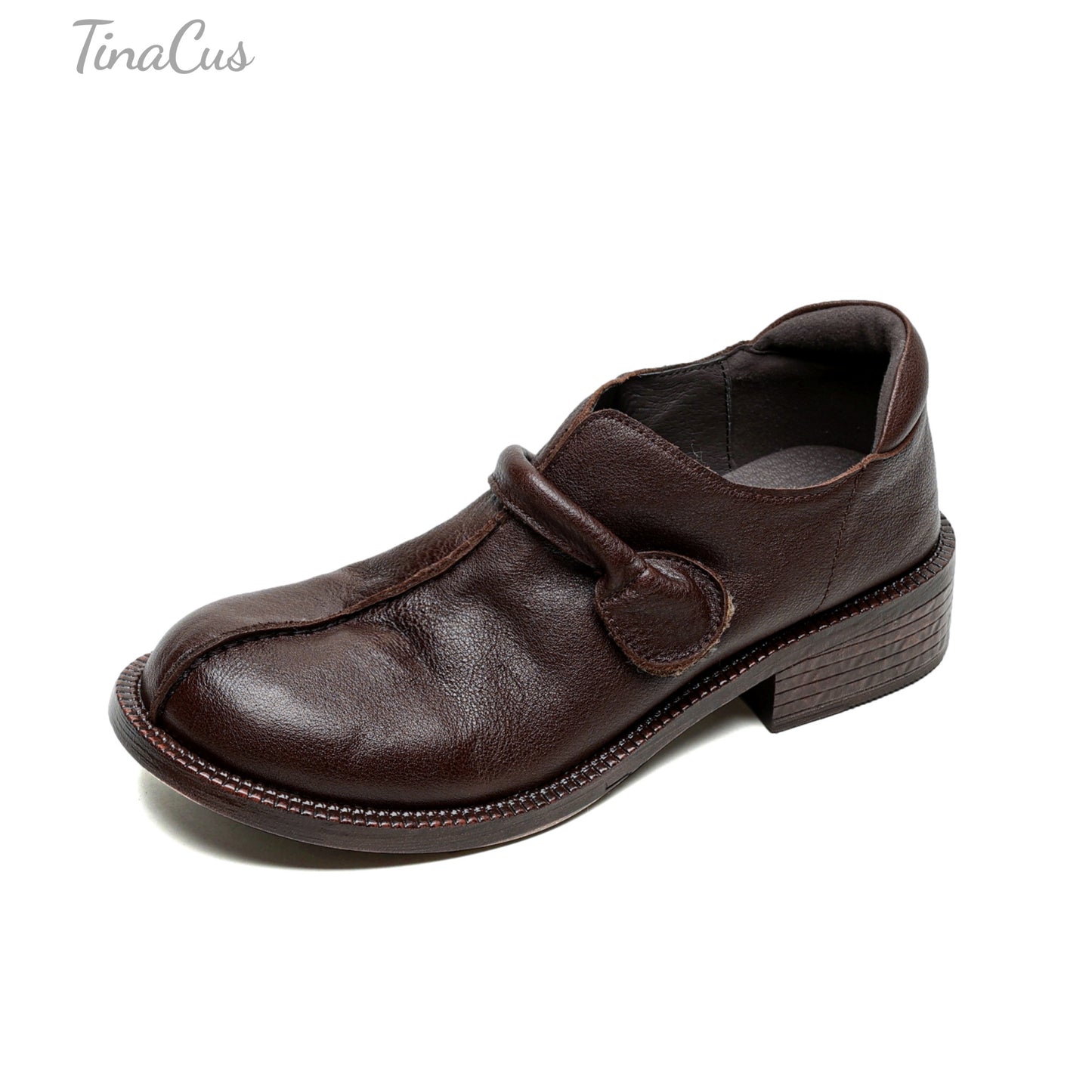 TinaCus Women's Round Toe Soft Genuine Leather Handmade Low Chunky Heels Casual Loafers Shoes