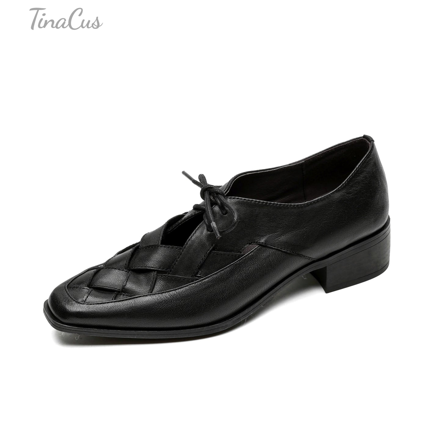 TinaCus Woven Genuine Leather Women's Square Toe Low Chunky Heels Lace up Oxford Shoes