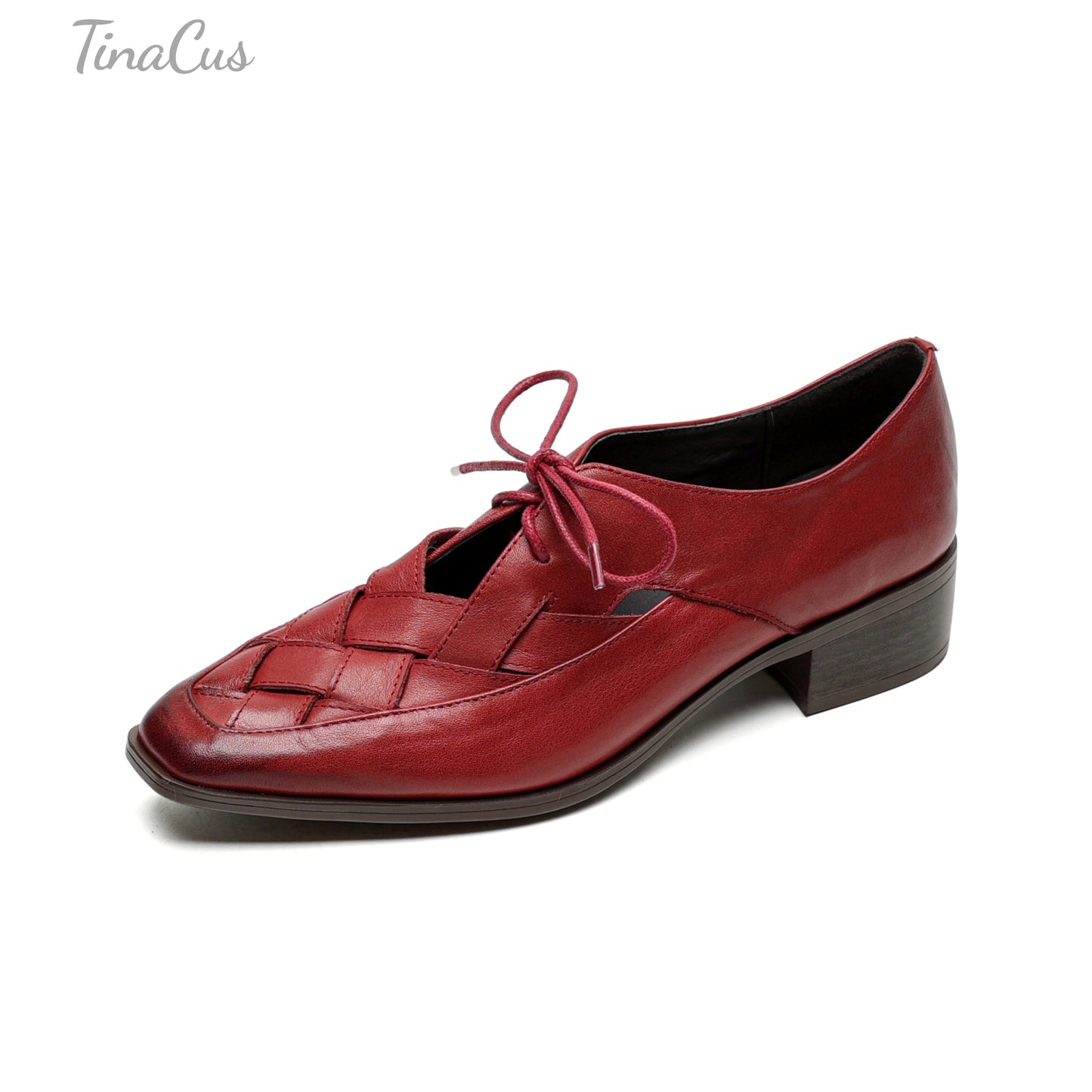TinaCus Woven Genuine Leather Women's Square Toe Low Chunky Heels Lace up Oxford Shoes