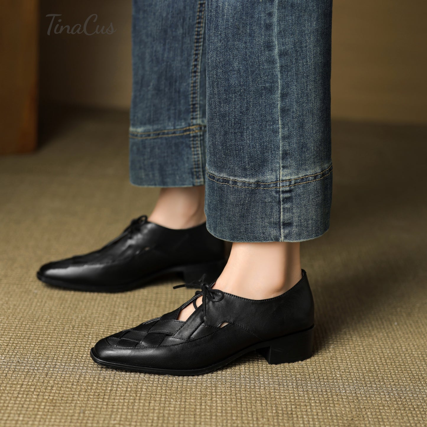 TinaCus Woven Genuine Leather Women's Square Toe Low Chunky Heels Lace up Oxford Shoes