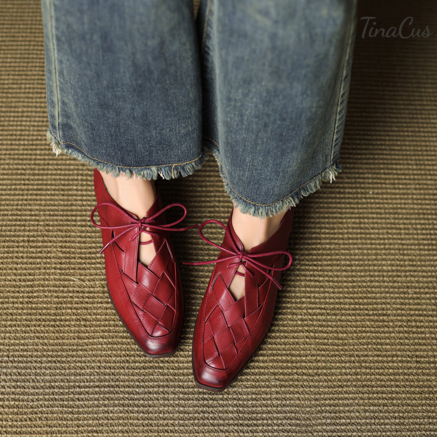 TinaCus Woven Genuine Leather Women's Square Toe Low Chunky Heels Lace up Oxford Shoes
