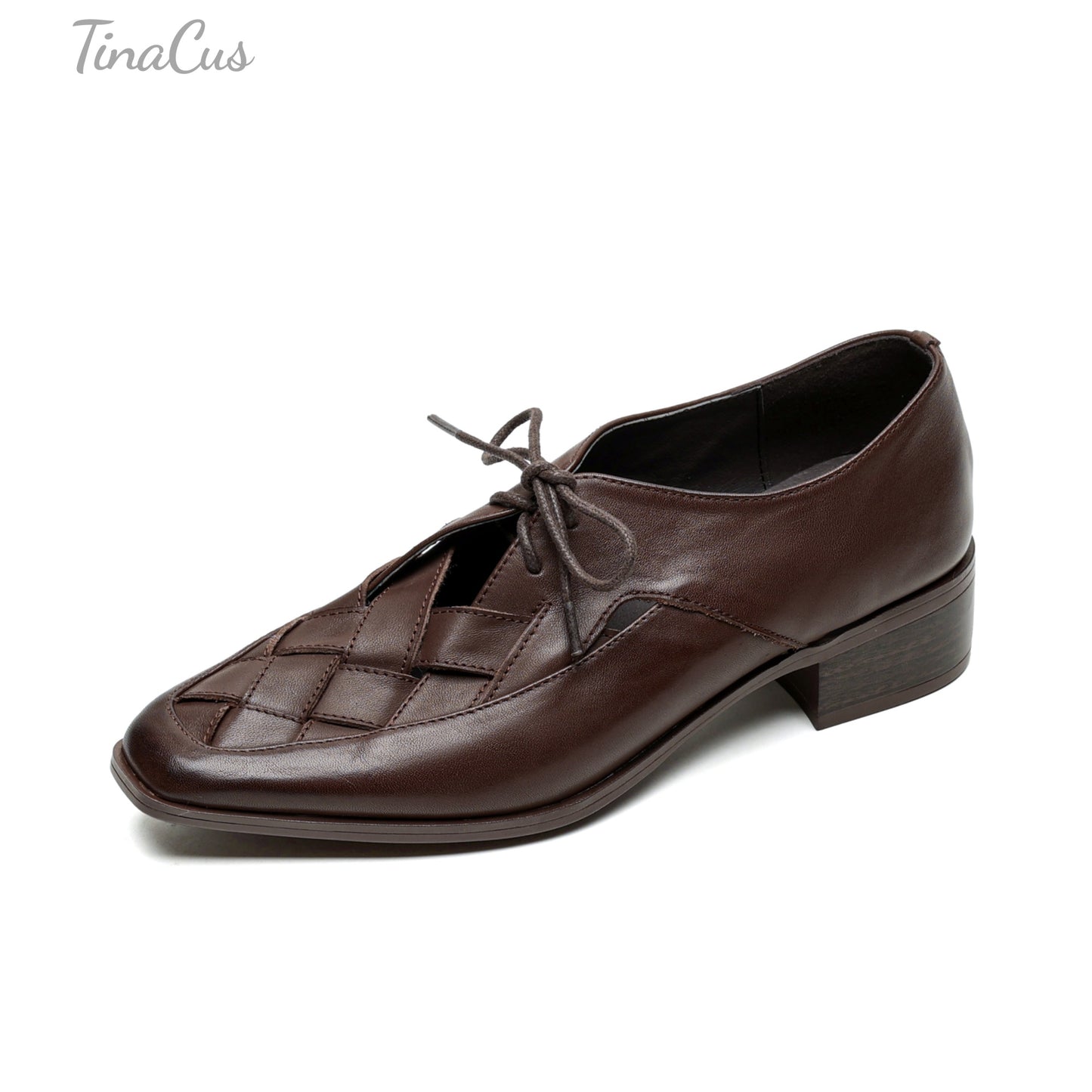 TinaCus Woven Genuine Leather Women's Square Toe Low Chunky Heels Lace up Oxford Shoes