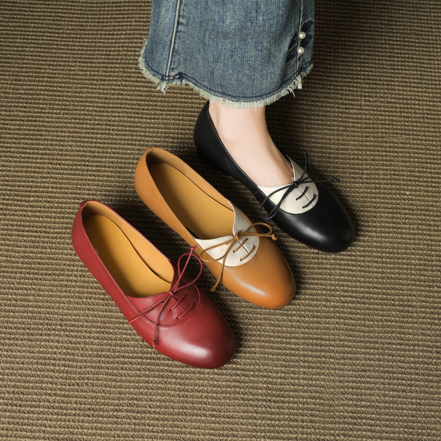 TinaCus Round Toe Women's Lace-up Genuine Leather Handmade Multi-Color Design Flat Shoes