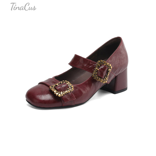 TinaCus Genuine Leather Handmade Buckles Women's Round Toe Chunky Heels Mary Jane Shoes