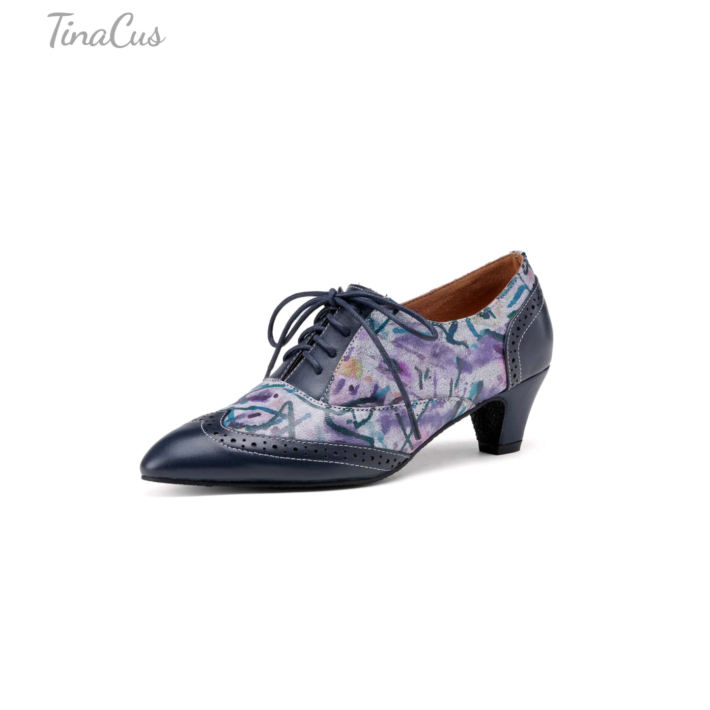 TinaCus Women's Oxfords Handmade Genuine Leather Floral Print Perforated Ponited Toe Dress Wingtip Shoes