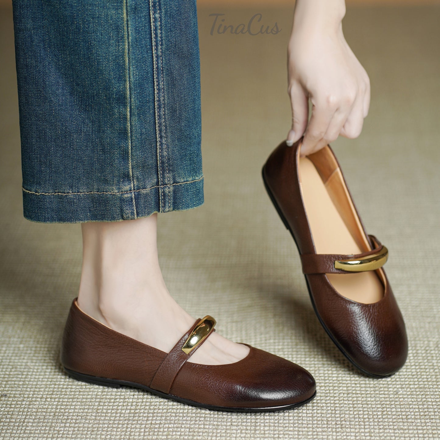 TinaCus Genuine Leather Women's Round Toe Slip on Cute Mary Jane Shoes Comfortable Flats