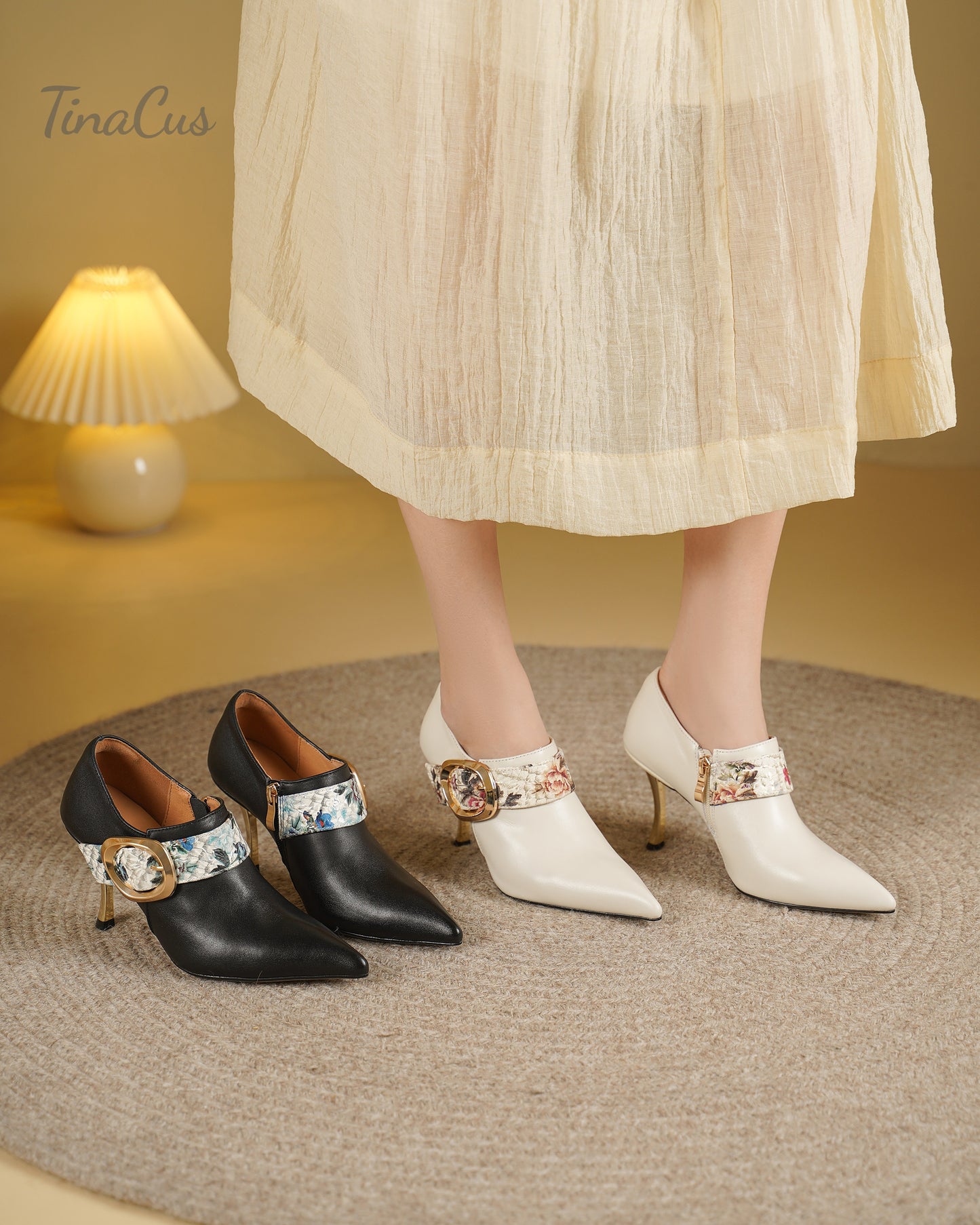 TinaCus Women's Floral Buckle Strap Pointed Toe Genuine Leather Handmade Stiletto Heel Zip up Dress Pumps
