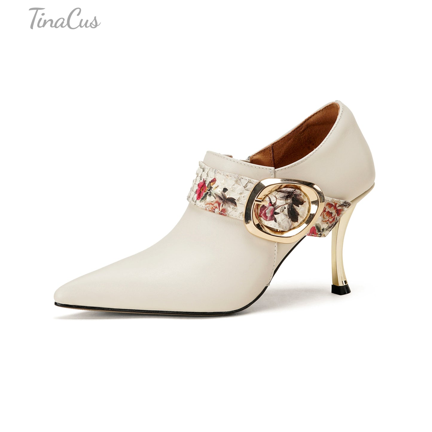 TinaCus Women's Floral Buckle Strap Pointed Toe Genuine Leather Handmade Stiletto Heel Zip up Dress Pumps