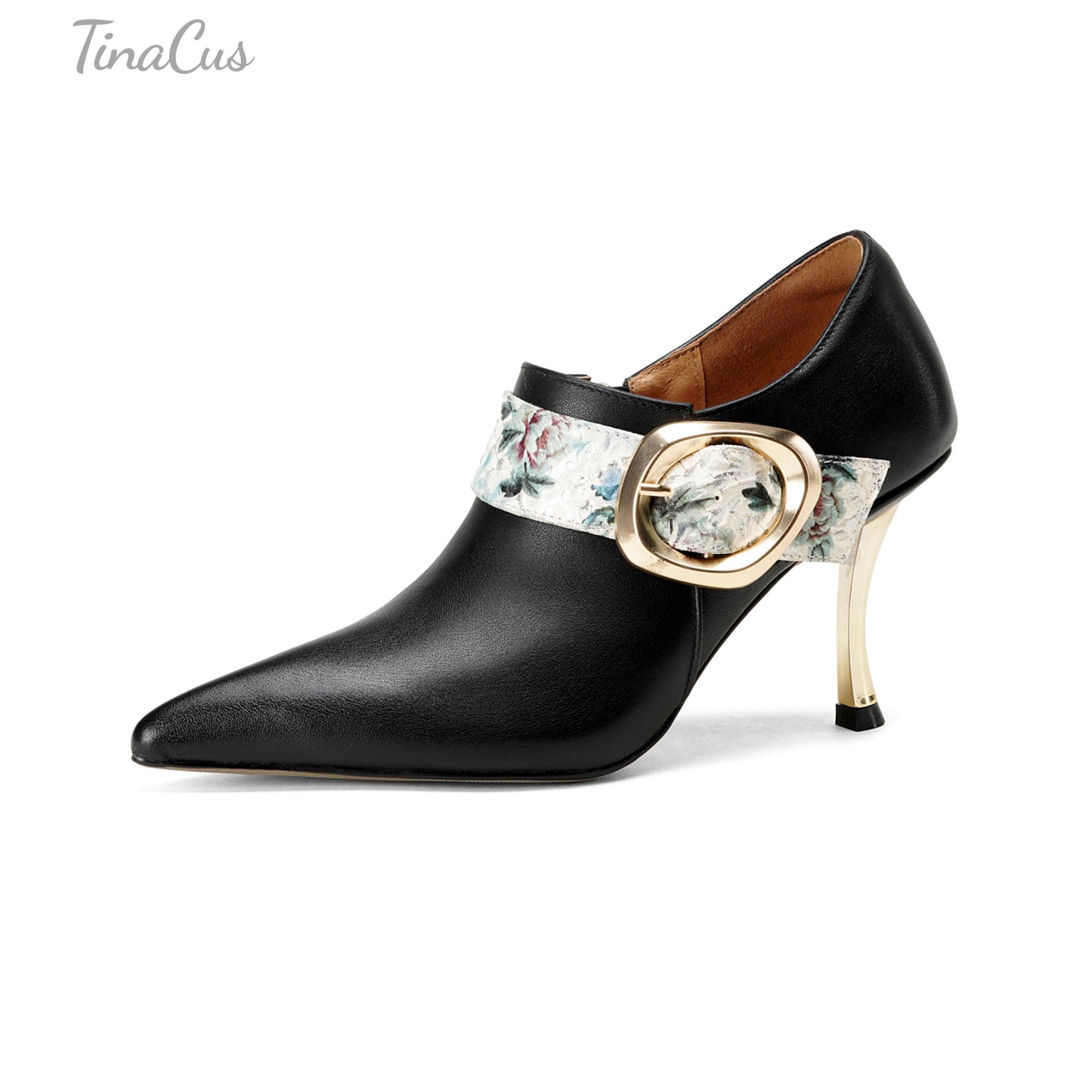 TinaCus Women's Floral Buckle Strap Pointed Toe Genuine Leather Handmade Stiletto Heel Zip up Dress Pumps