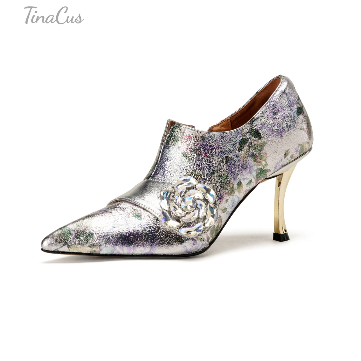 TinaCus Women's Genuine Leather Rhinestone Rose Metallic Floral Pointed Toe Handmade Stiletto Heel Dress Pumps
