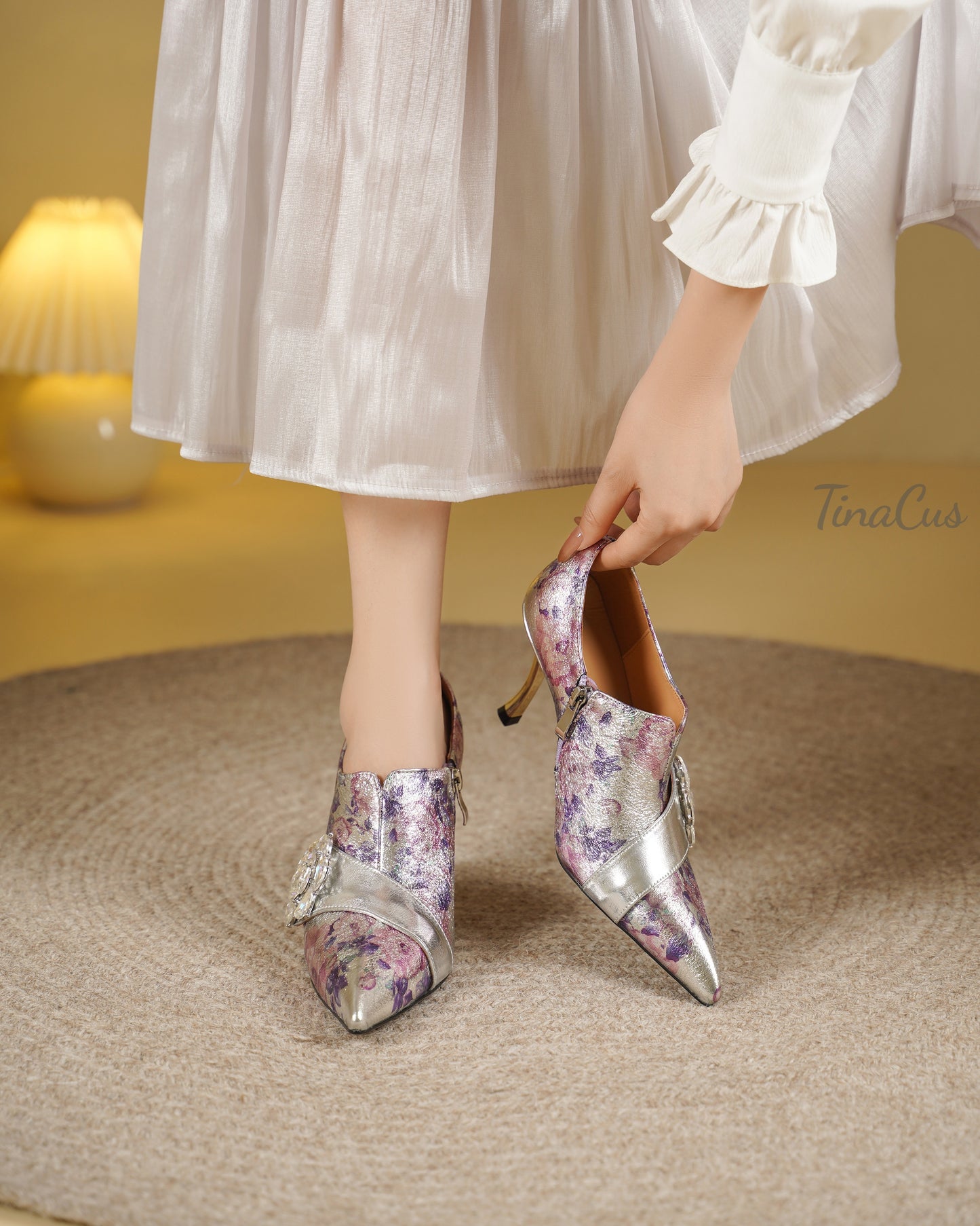 TinaCus Women's Genuine Leather Rhinestone Rose Metallic Floral Pointed Toe Handmade Stiletto Heel Dress Pumps