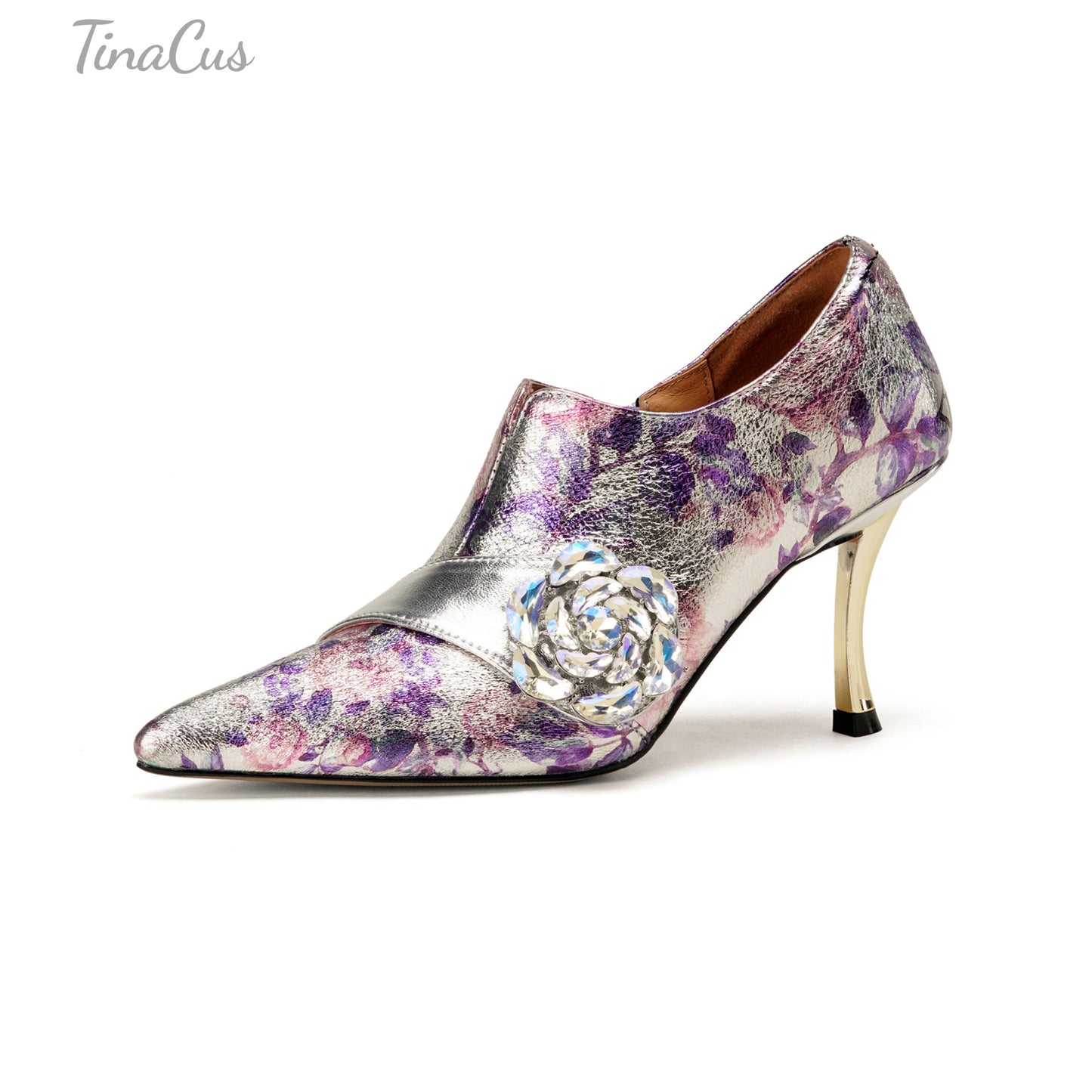 TinaCus Women's Genuine Leather Rhinestone Rose Metallic Floral Pointed Toe Handmade Stiletto Heel Dress Pumps