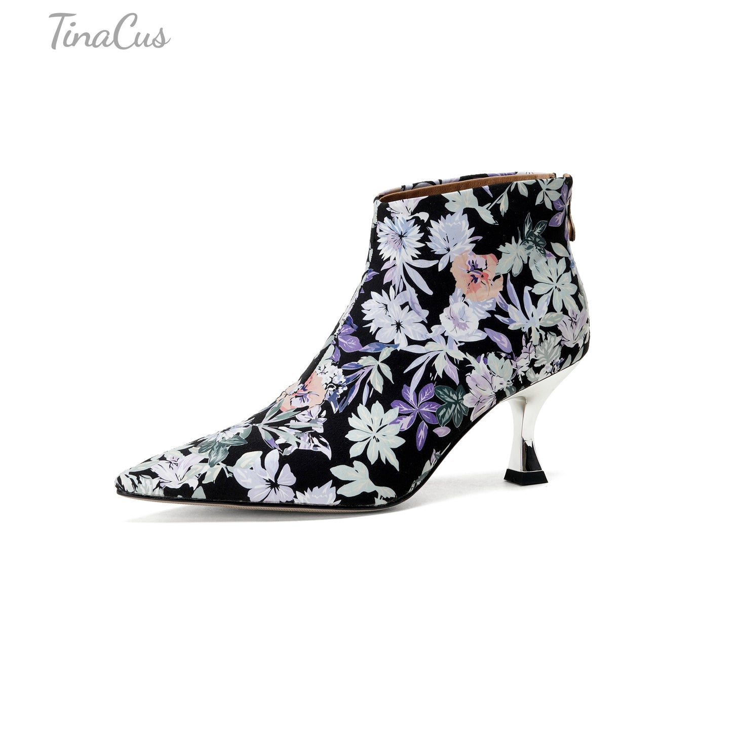 TinaCus Damen-Stiefeletten mit Glitzerschnalle, echtes Leder, handgefertigt, Reißverschluss hinten, Stickerei, Blumen