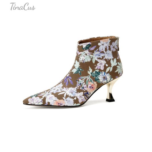 TinaCus Women’s Genuine Leather Handmade Stiletto Heel Pointed Toe Zip up Floral Printed Ankle Booties