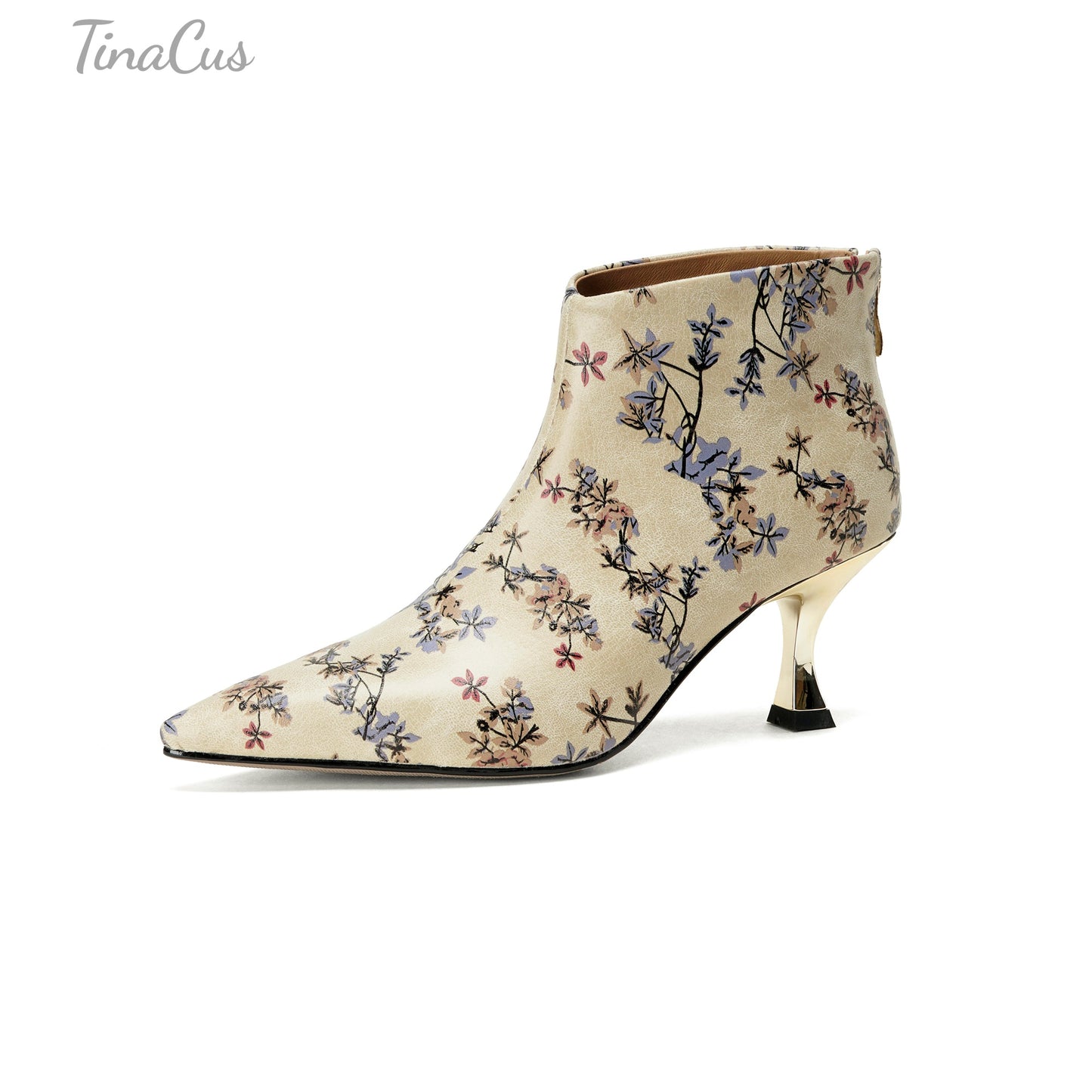 TinaCus Damen-Stiefeletten mit Glitzerschnalle, echtes Leder, handgefertigt, Reißverschluss hinten, Stickerei, Blumen