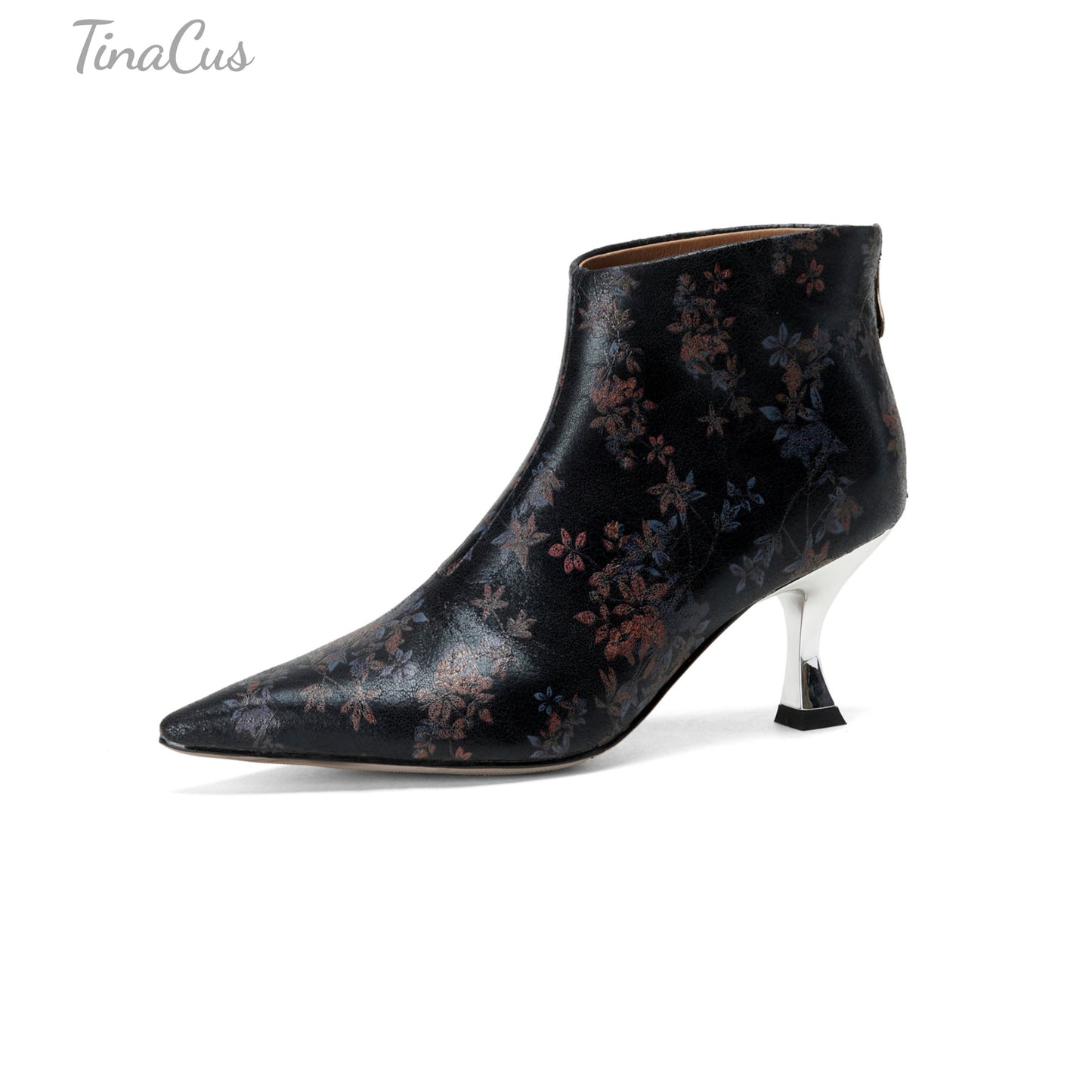 TinaCus Damen-Stiefeletten mit Glitzerschnalle, echtes Leder, handgefertigt, Reißverschluss hinten, Stickerei, Blumen