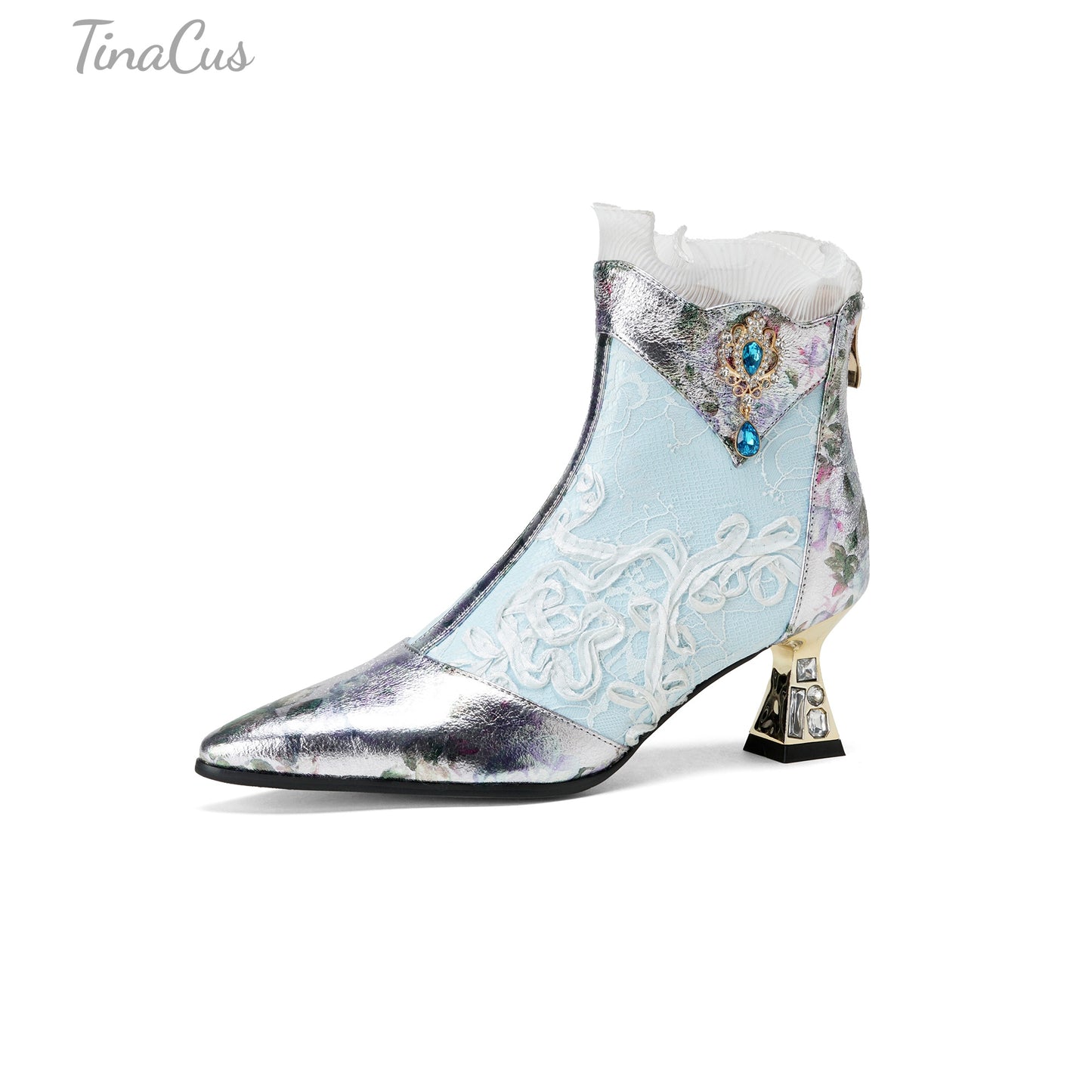 TinaCus Damen-Stiefeletten mit Glitzerschnalle, echtes Leder, handgefertigt, Reißverschluss hinten, Stickerei, Blumen