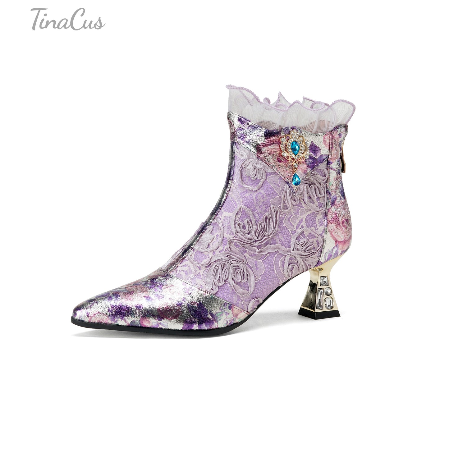TinaCus Damen-Stiefeletten mit Glitzerschnalle, echtes Leder, handgefertigt, Reißverschluss hinten, Stickerei, Blumen