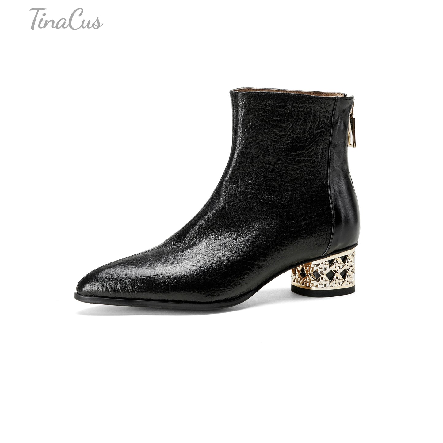 TinaCus Women's Genuine Leather Pointed Toe Hollow Metallic Block Heel Zip up Ankle Boots