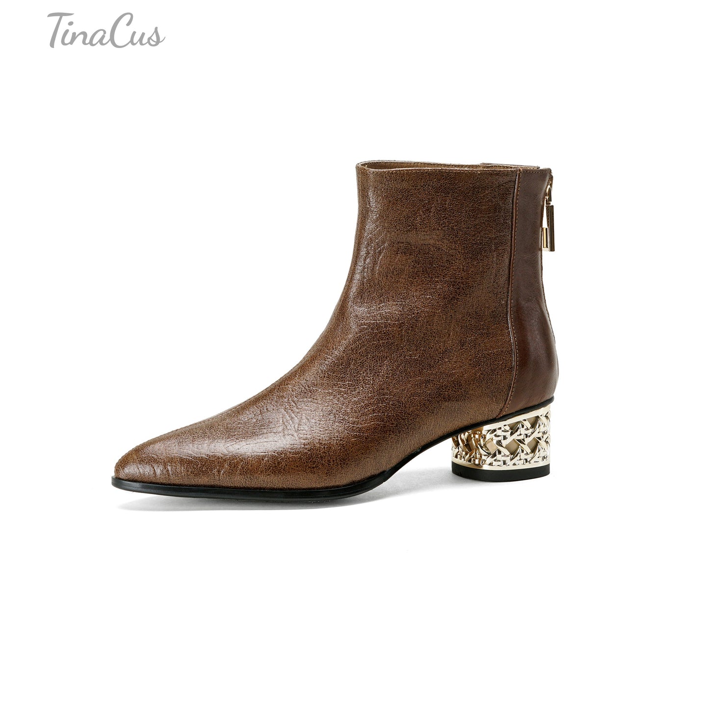 TinaCus Women's Genuine Leather Pointed Toe Hollow Metallic Block Heel Zip up Ankle Boots