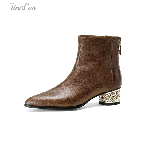 TinaCus Women's Genuine Leather Pointed Toe Hollow Metallic Block Heel Zip up Ankle Boots