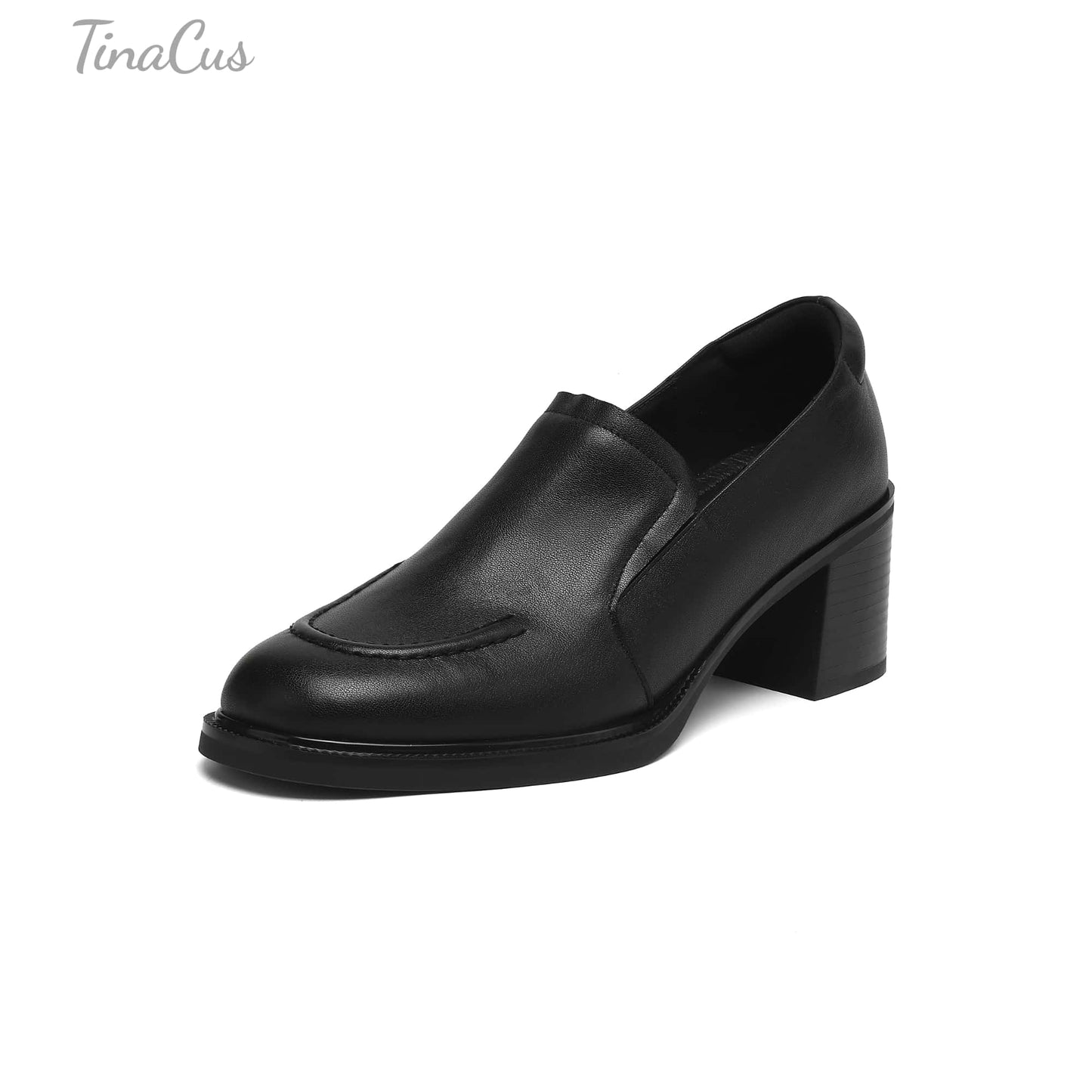 TinaCus Handmade Women's Genuine Leather Closed Toe Slip-on mid Block Heel Business Loafer Shoes