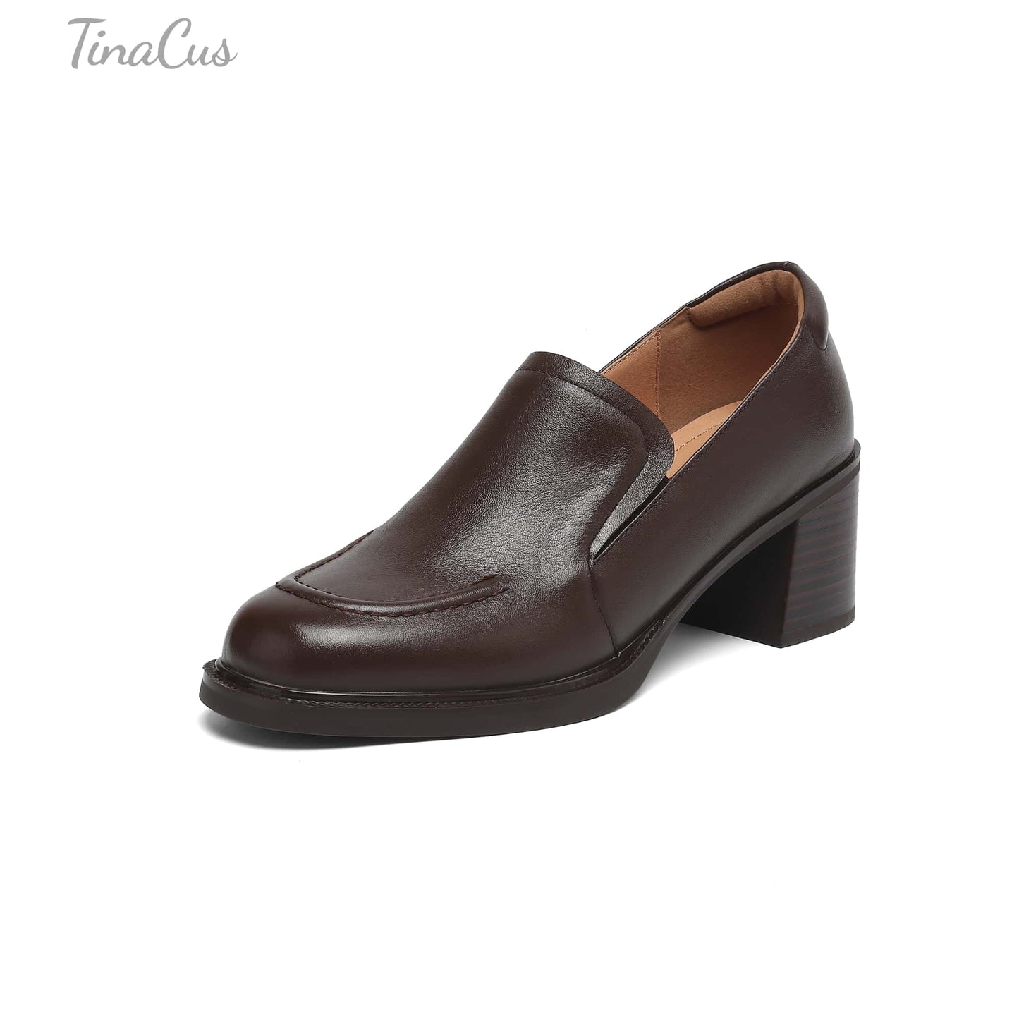 TinaCus Handmade Women's Genuine Leather Closed Toe Slip-on mid Block Heel Business Loafer Shoes