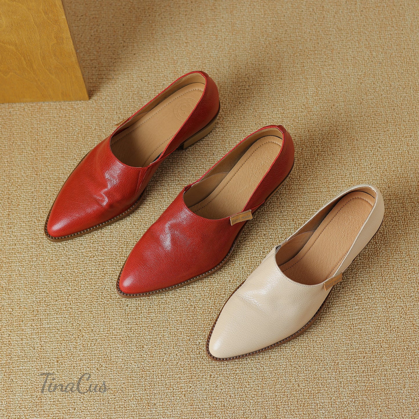 TinaCus Soft Genuine Leather Handmade Chunky Heels Women's Slip On Pointed Toe Loafers Shoes