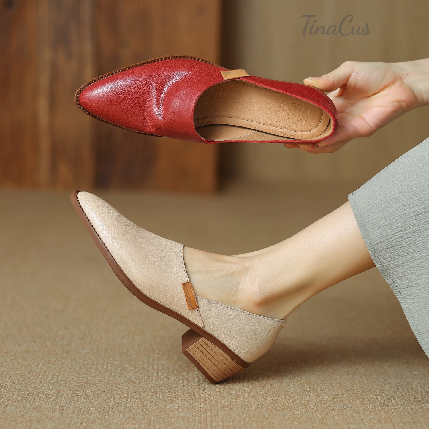 TinaCus Soft Genuine Leather Handmade Chunky Heels Women's Slip On Pointed Toe Loafers Shoes