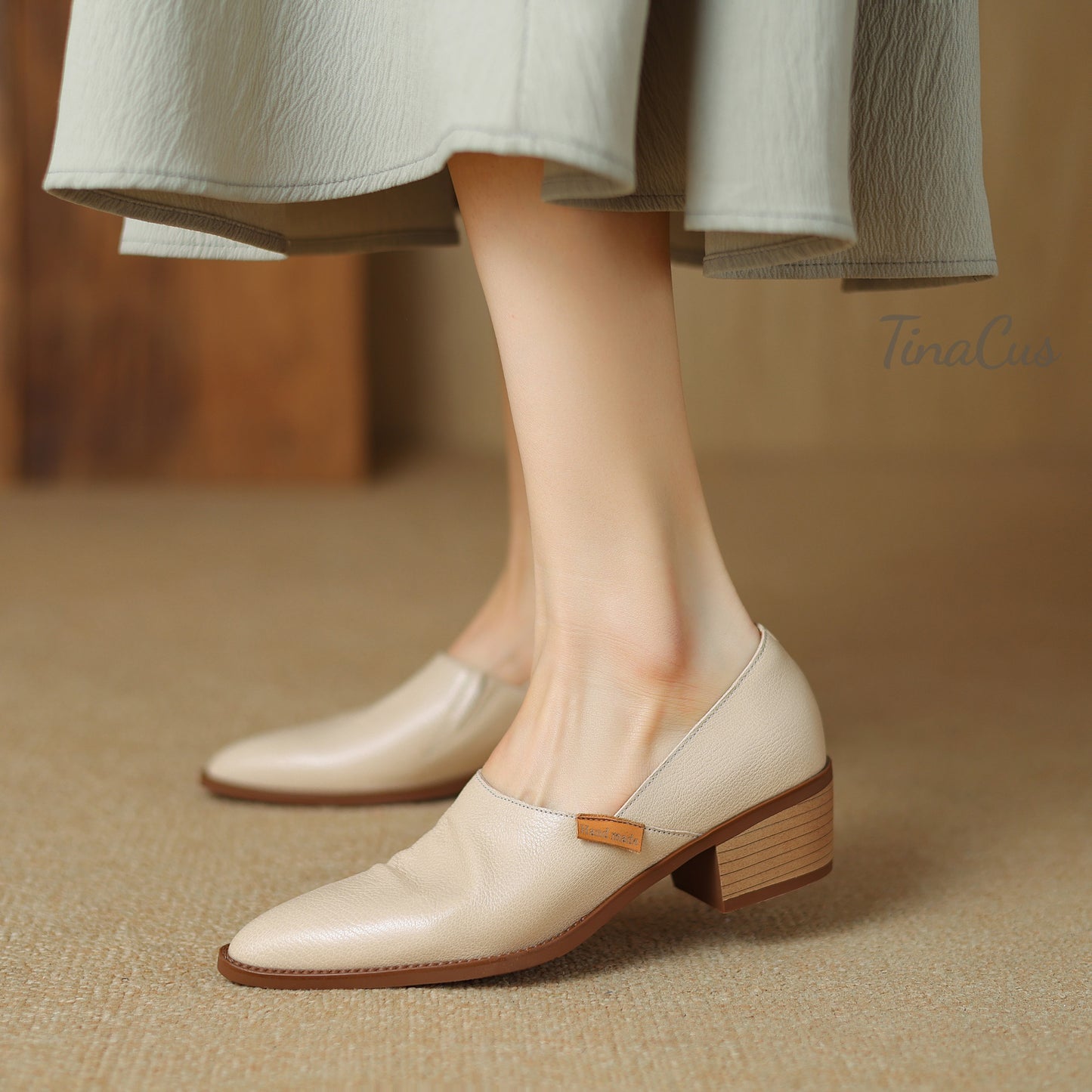TinaCus Soft Genuine Leather Handmade Chunky Heels Women's Slip On Pointed Toe Loafers Shoes