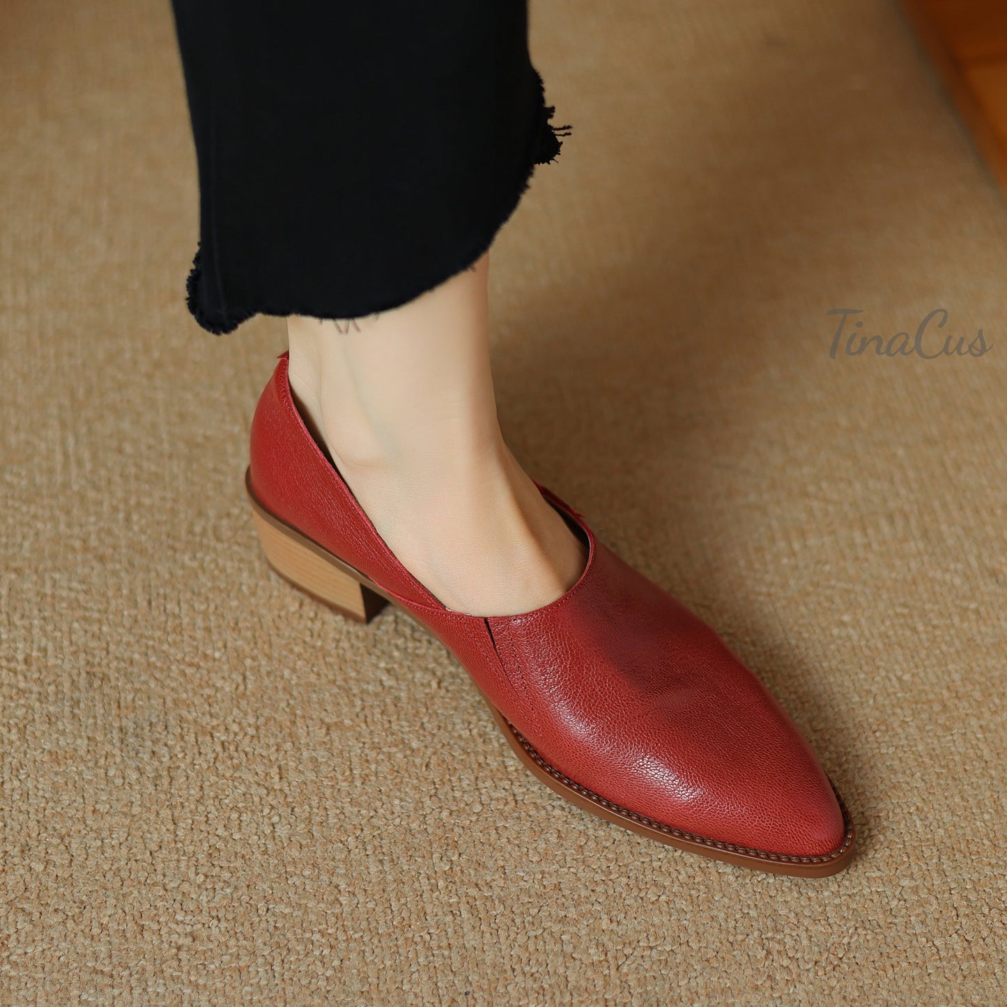 TinaCus Soft Genuine Leather Handmade Chunky Heels Women's Slip On Pointed Toe Loafers Shoes