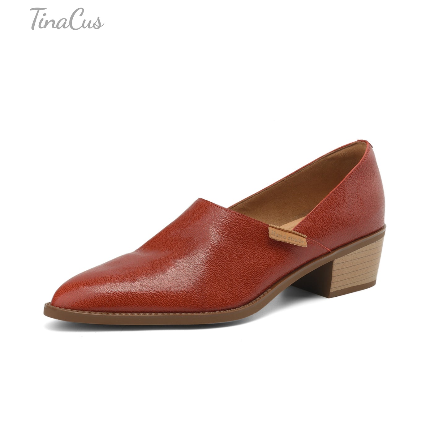 TinaCus Soft Genuine Leather Handmade Chunky Heels Women's Slip On Pointed Toe Loafers Shoes