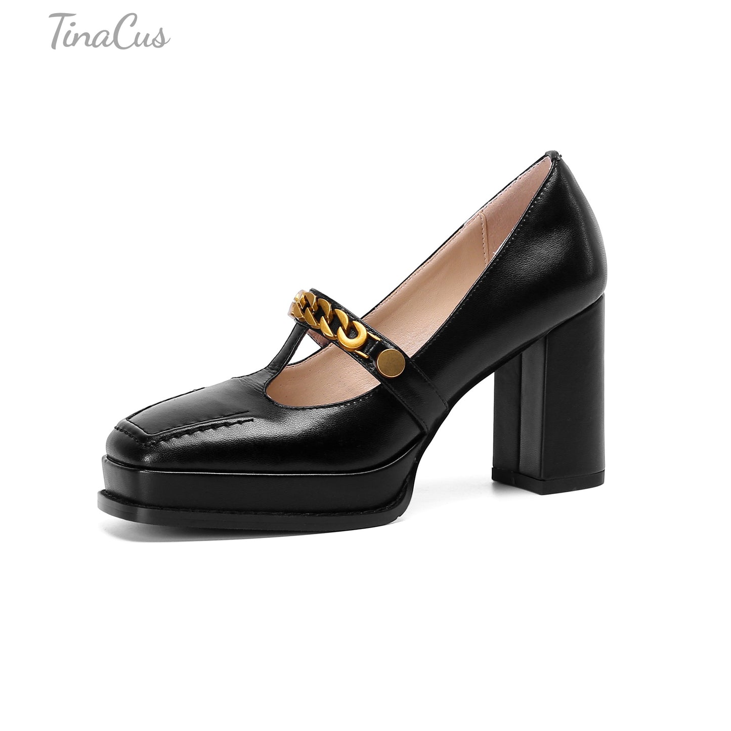 TinaCus Genuine Leather Square Toe Handmade T-Strap Chain High Block Heels Women's Stylish Pumps Shoes