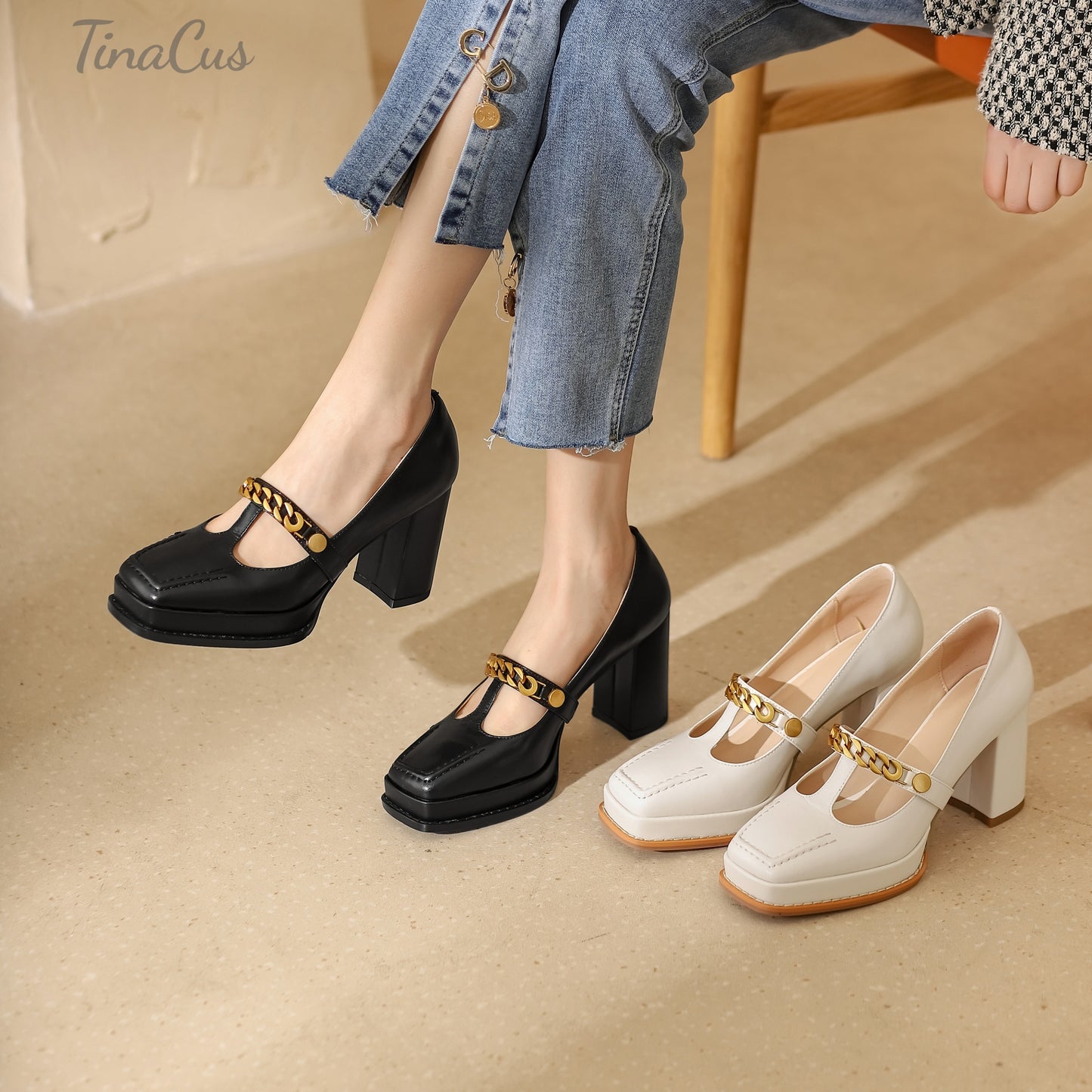 TinaCus Genuine Leather Square Toe Handmade T-Strap Chain High Block Heels Women's Stylish Pumps Shoes