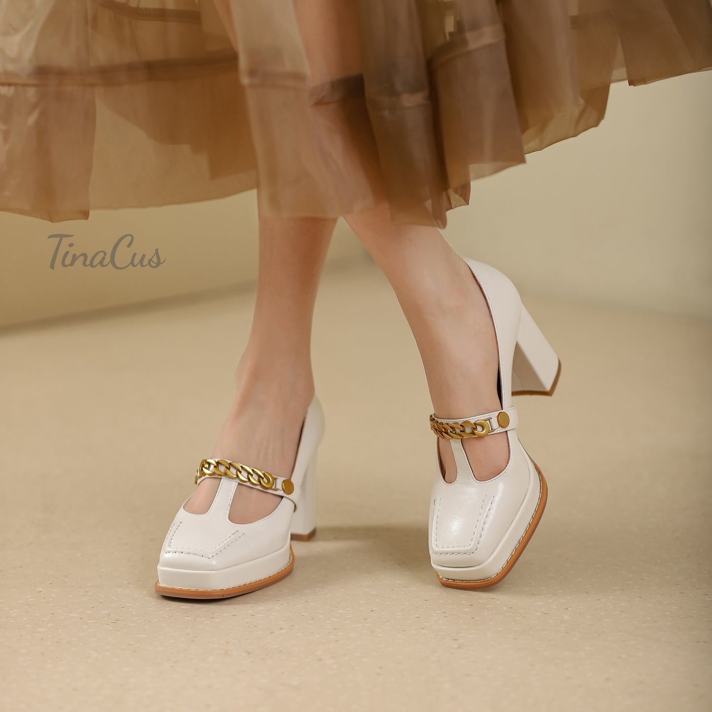 TinaCus Genuine Leather Square Toe Handmade T-Strap Chain High Block Heels Women's Stylish Pumps Shoes