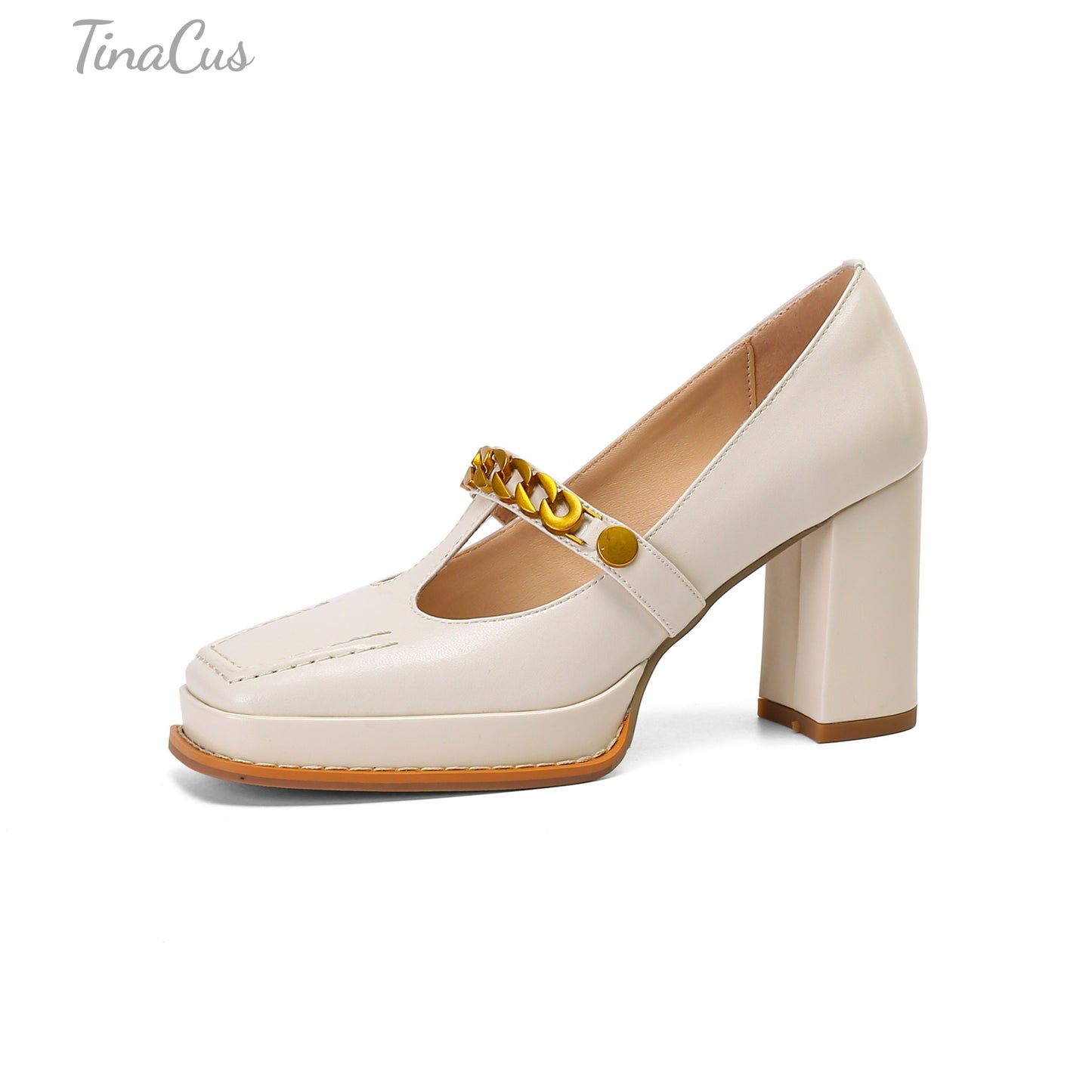 TinaCus Genuine Leather Square Toe Handmade T-Strap Chain High Block Heels Women's Stylish Pumps Shoes