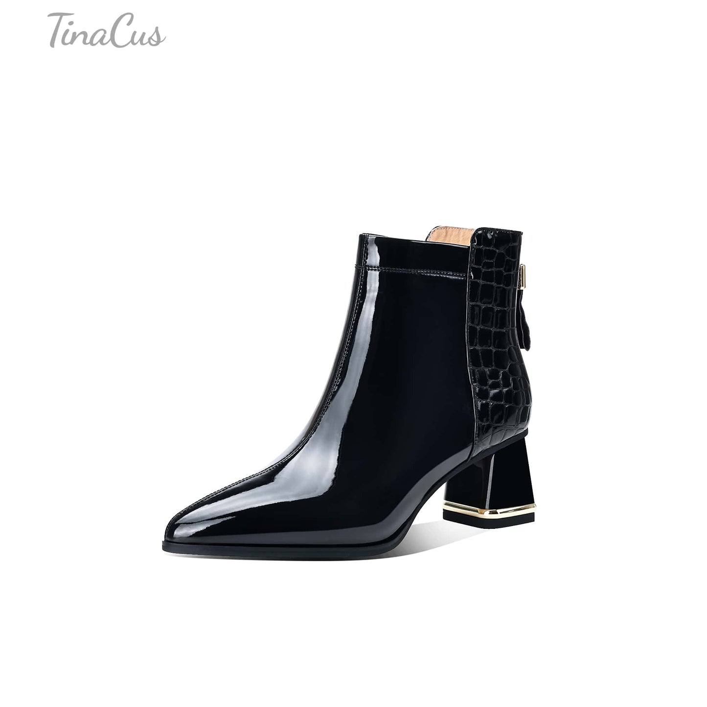 TinaCus Women's Patent Leather Handmade Patchwork Back Zipper Pointed Toe Stacked Low Heel Ankle Booties