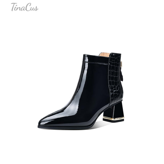 TinaCus Women's Patent Leather Handmade Patchwork Back Zipper Pointed Toe Stacked Low Heel Ankle Booties