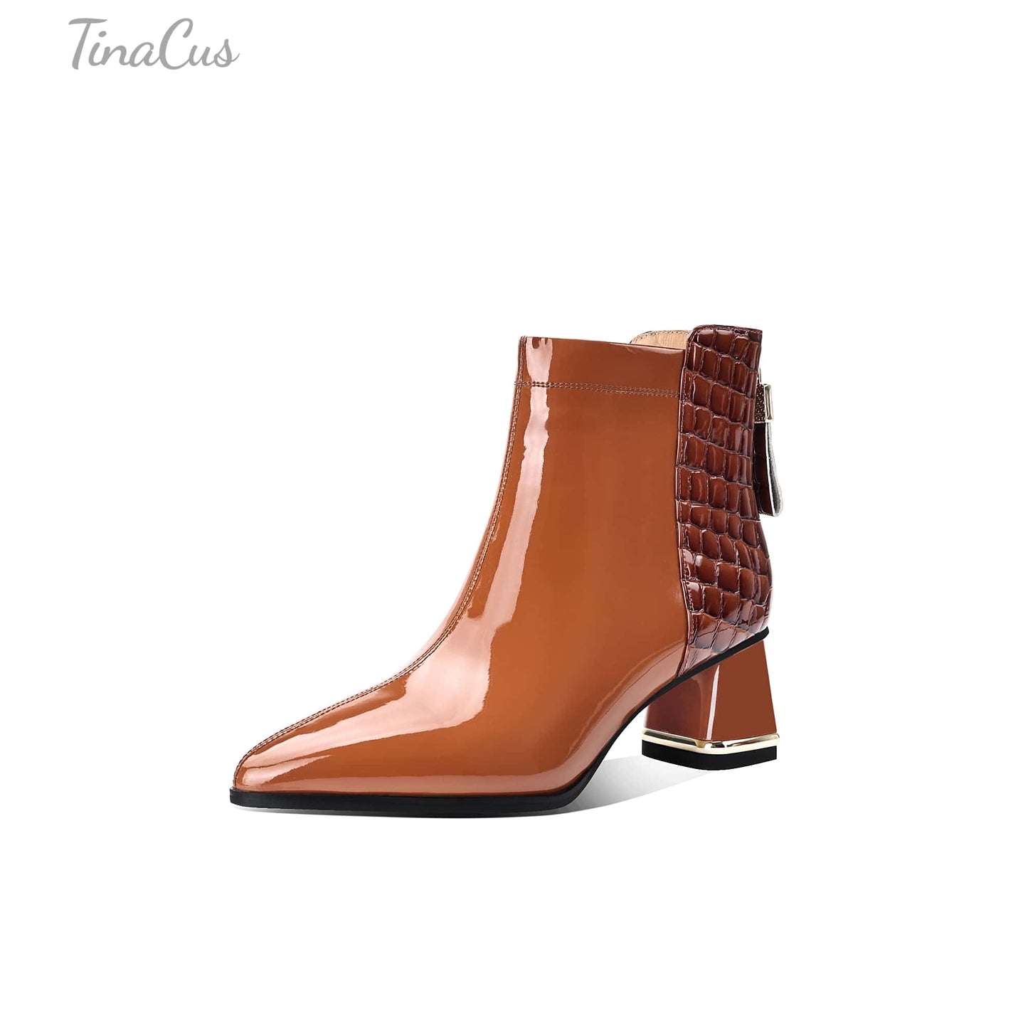 TinaCus Women's Patent Leather Handmade Patchwork Back Zipper Pointed Toe Stacked Low Heel Ankle Booties