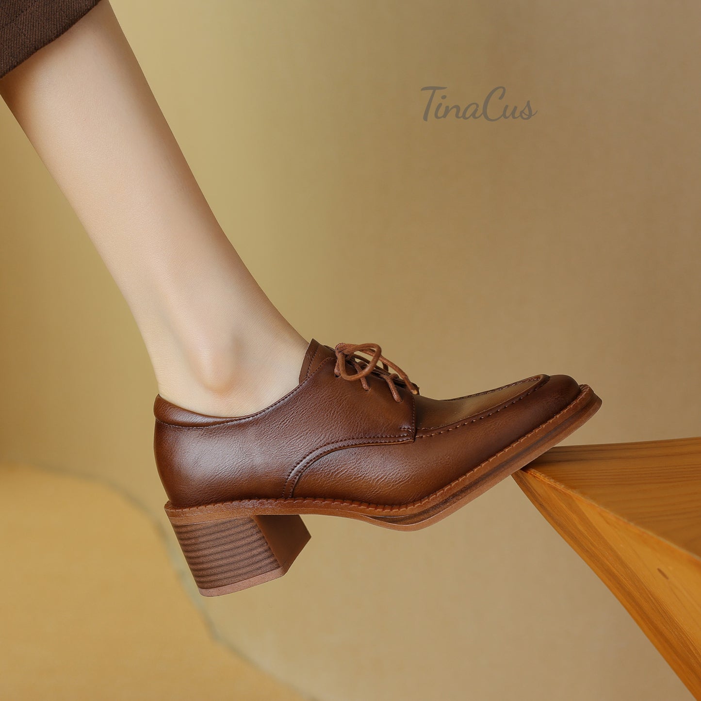TinaCus Genuine Leather Women's Pointed Toe Handmade Selftie Chunky Heels Trendy Oxford Shoes