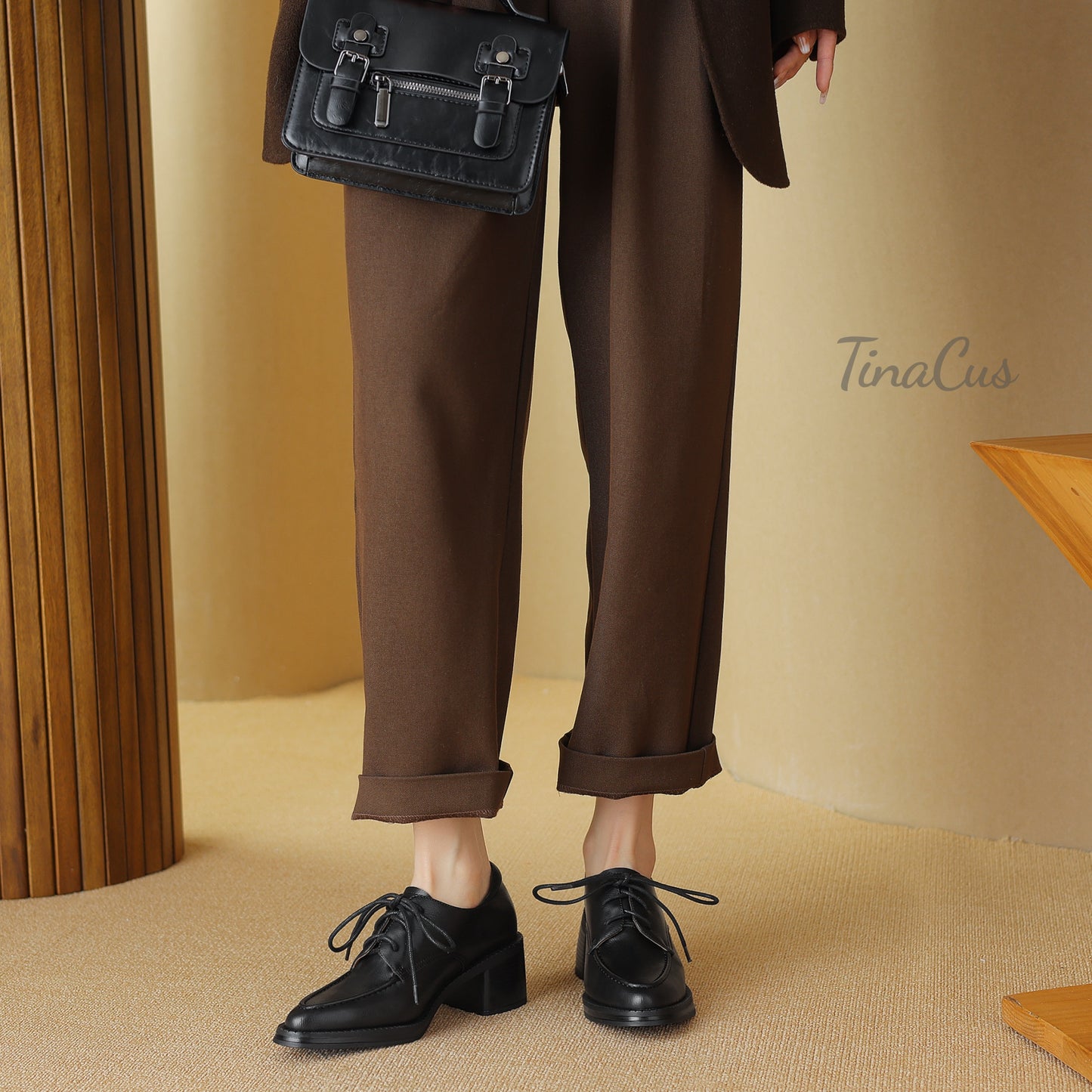 TinaCus Genuine Leather Women's Pointed Toe Handmade Selftie Chunky Heels Trendy Oxford Shoes