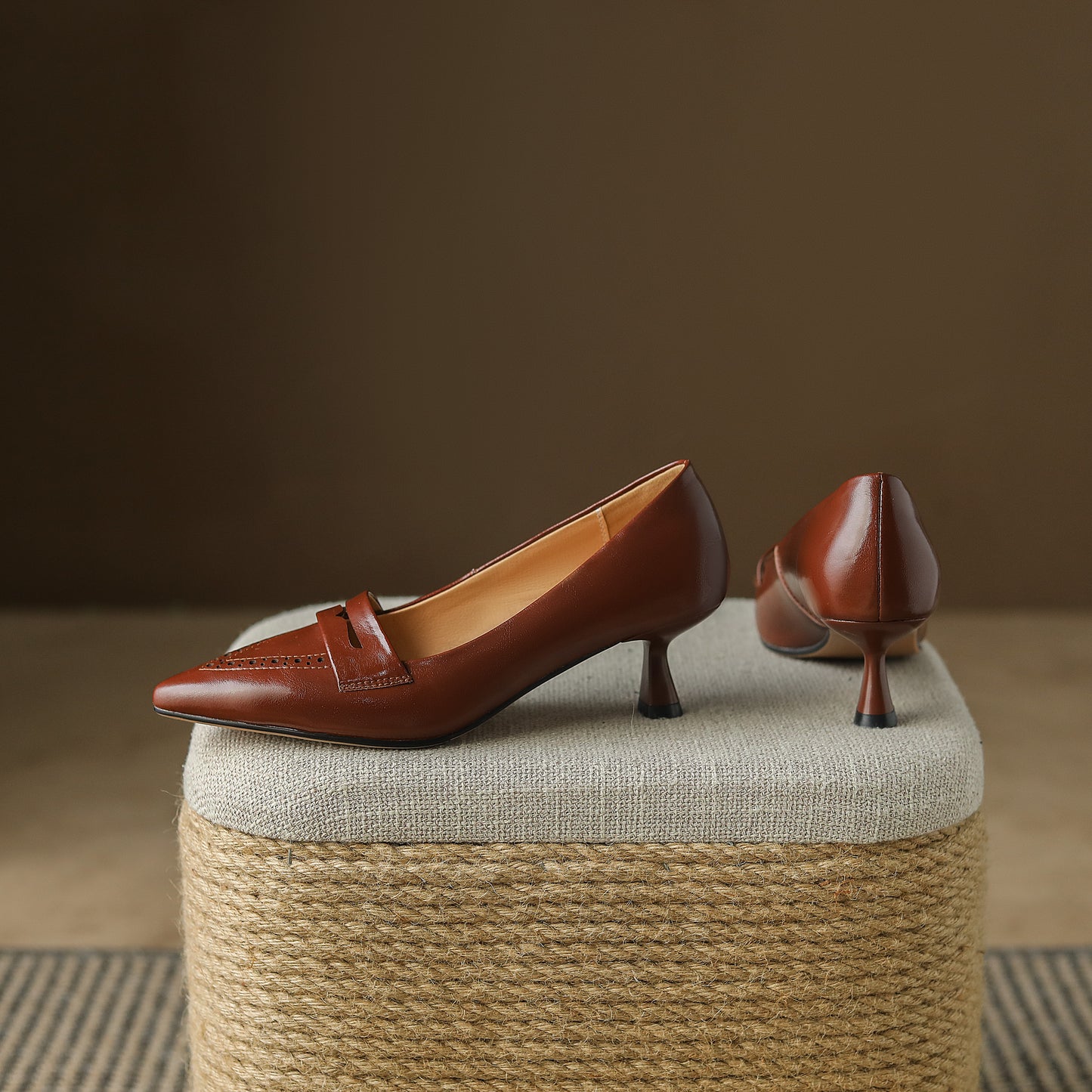 TinaCus Women's Genuine Leather Handmade Pointed Toe Slip On Mid Kitten Heel Office Loafers Pumps Shoes