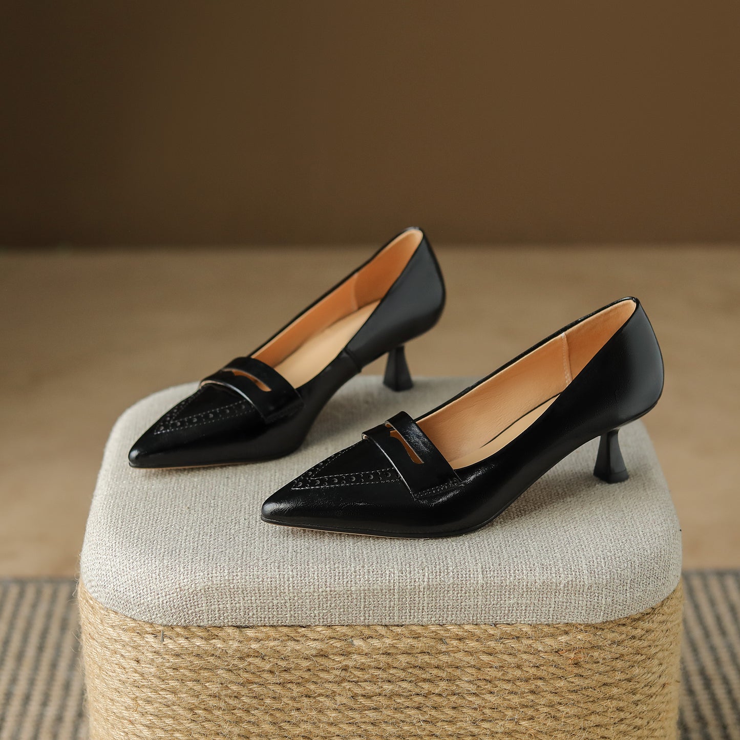 TinaCus Women's Genuine Leather Handmade Pointed Toe Slip On Mid Kitten Heel Office Loafers Pumps Shoes