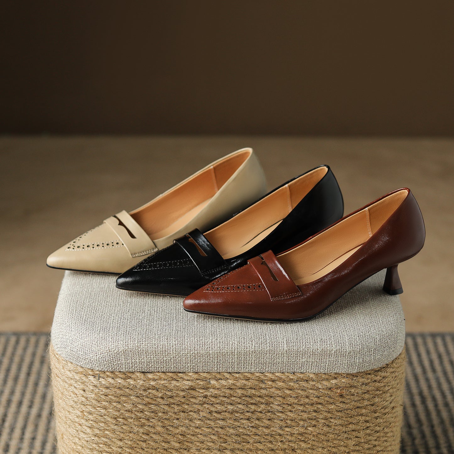 TinaCus Women's Genuine Leather Handmade Pointed Toe Slip On Mid Kitten Heel Office Loafers Pumps Shoes