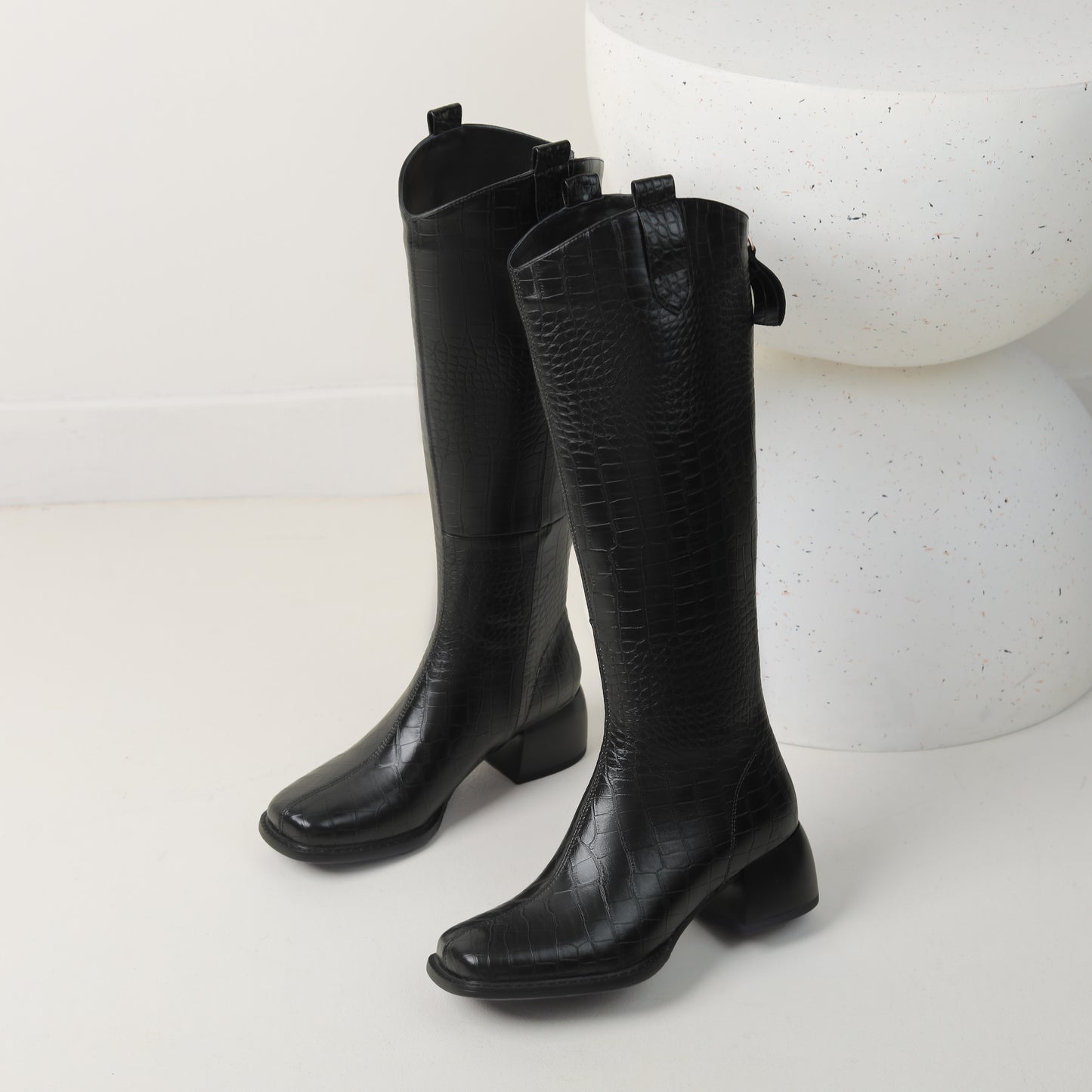 TinaCus Women's Square Toe Genuine Leather Handmade Block Heel Back Zip Knee High Boots